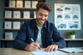Jeune homme remplissant documents de vehicule dans un bureau