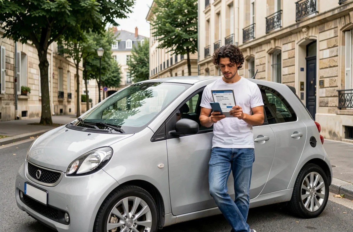 Jeune homme obtenant un devis assurance auto pas cher en ligne avec une tablette à côté de sa voiture