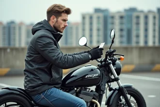 Jeune homme avec permis moto dans une ville