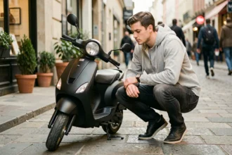 Jeune homme évaluant un scooter 50cc noir dans une rue urbaine européenne avant de souscrire une assurance
