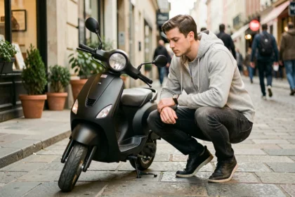 Jeune homme évaluant un scooter 50cc noir dans une rue urbaine européenne avant de souscrire une assurance