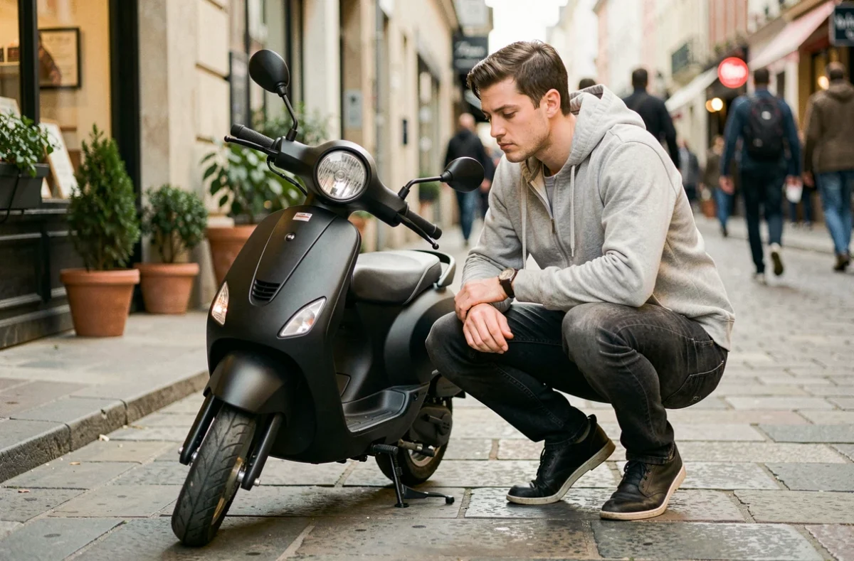 Jeune homme évaluant un scooter 50cc noir dans une rue urbaine européenne avant de souscrire une assurance