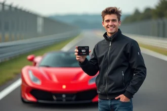 Jeune homme souriant à côté d'une supercar rouge avec un compteur de vitesse
