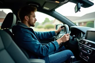 Jeune homme dans sa voiture moderne au volant