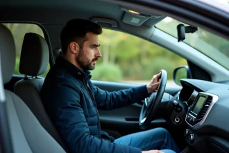 Jeune homme dans sa voiture regardant le tableau de bord
