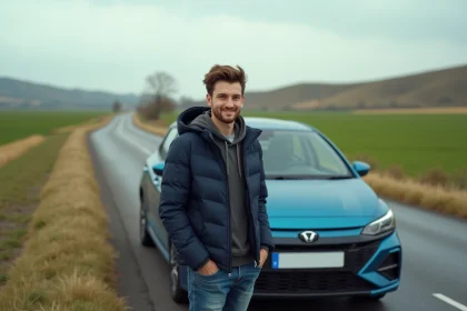 Jeune homme souriant à côté d'une voiture moderne en campagne