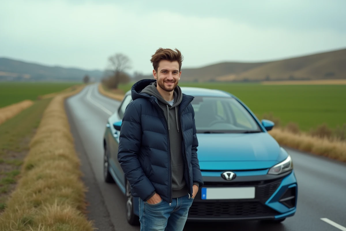 Jeune homme souriant à côté d'une voiture moderne en campagne