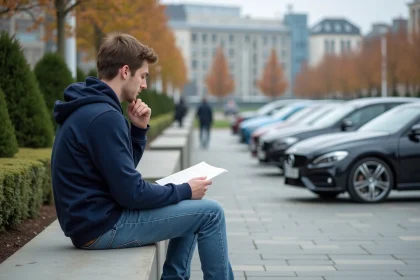 Jeune homme pensif avec voitures en arrière-plan