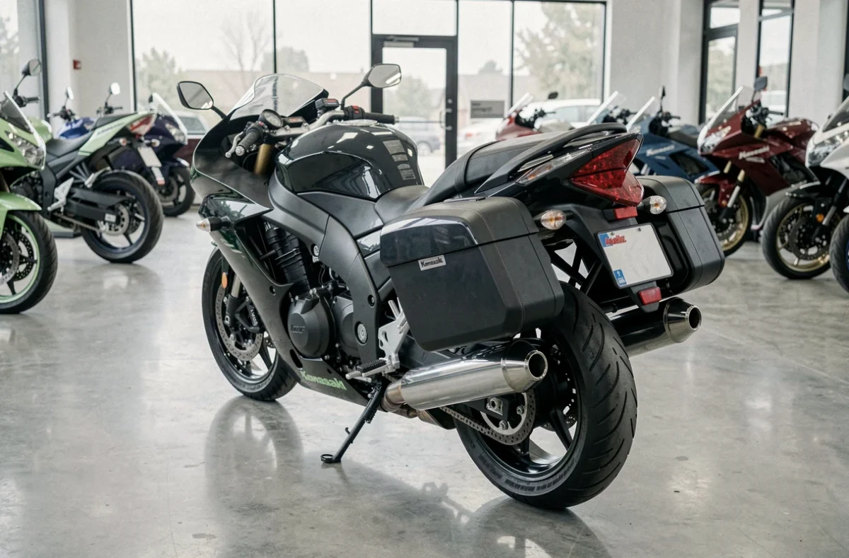 Kawasaki GTR 1000 exposée dans une concession moto avec détails des valises et du carénage arrière