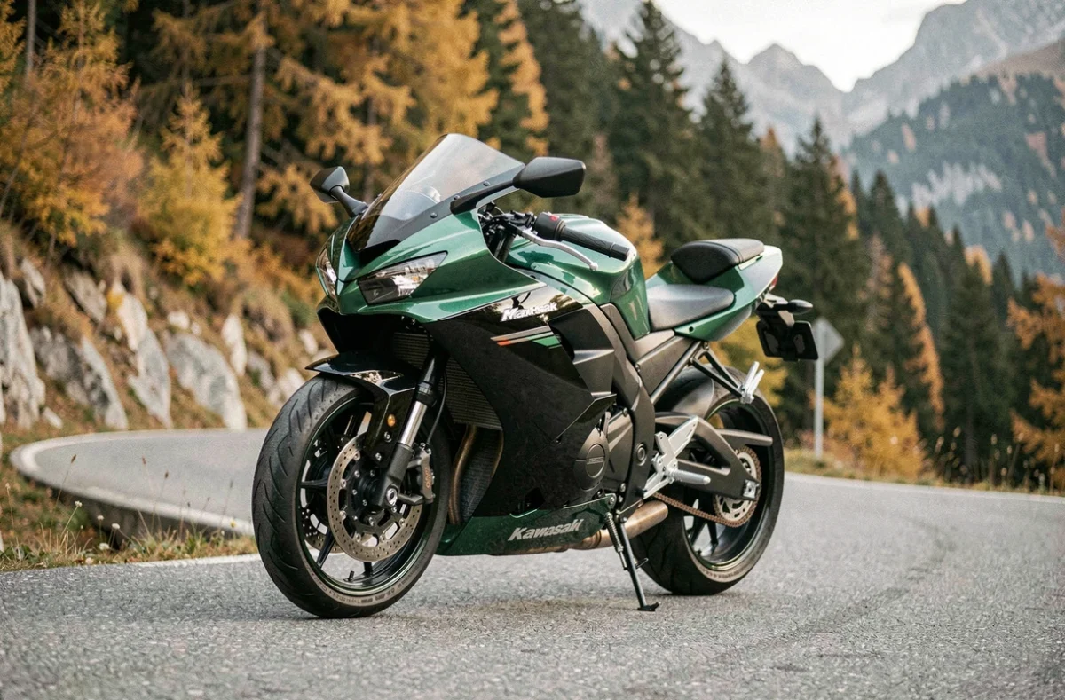 Kawasaki GTR 1000 garée sur une route de montagne alpine en automne, vue trois quarts avant