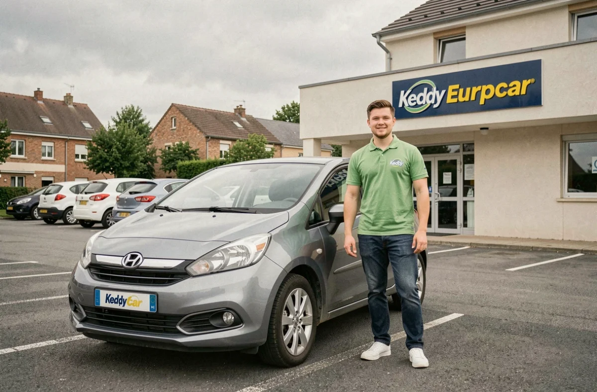 Agent Keddy by Europcar Essonne présentant un véhicule compact dans le parking de l'agence