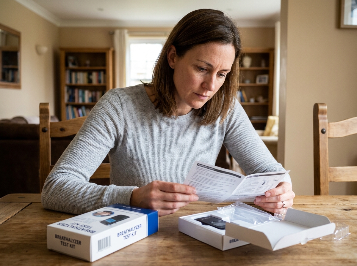 Femme lisant les instructions d'un kit éthylotest à usage unique sur une table en bois