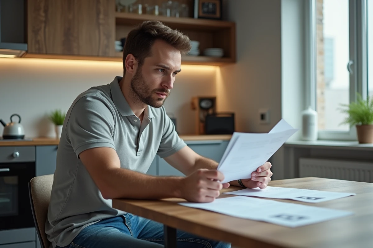 Homme &eacute;tudiant des documents de location voiture &agrave; la maison