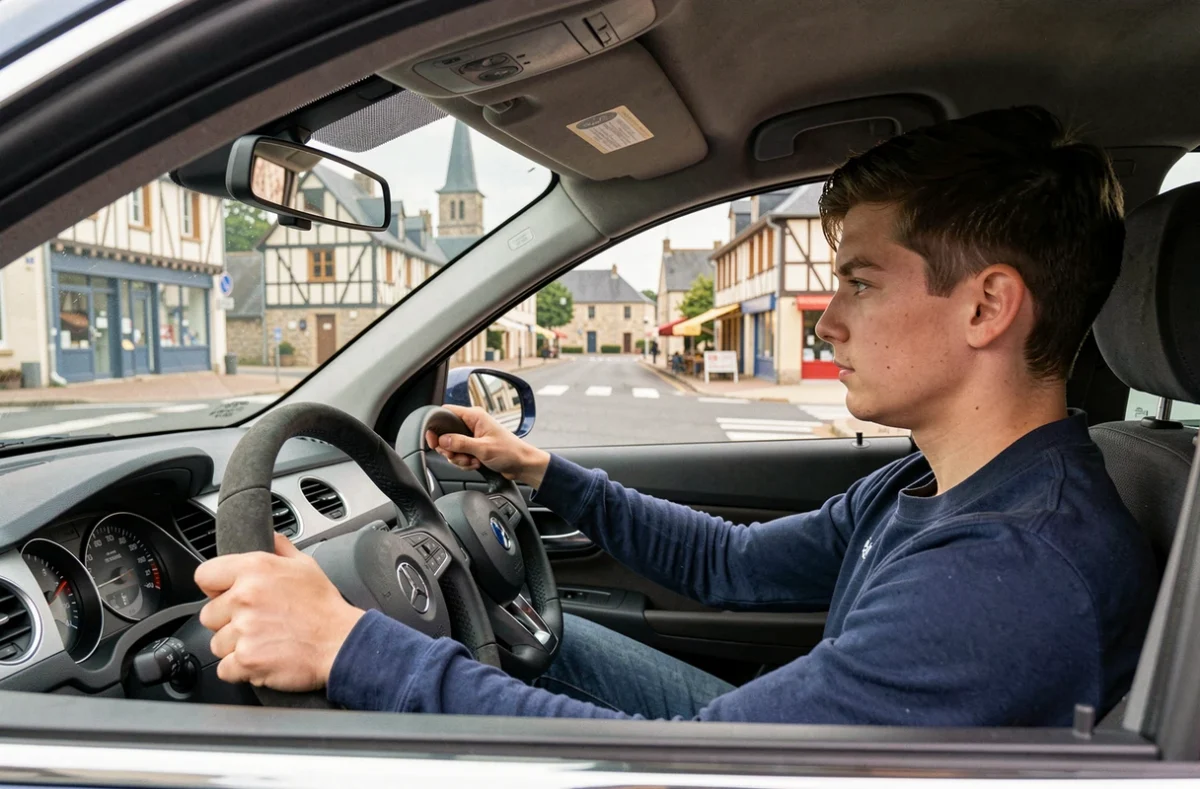 Élève de Liffré Conduite au volant d'une voiture-école dans les rues de Liffré en Bretagne