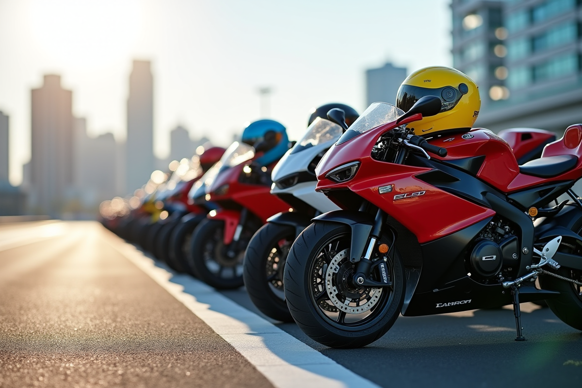 Ligne de motos 50cc rapides sur circuit urbain en journée