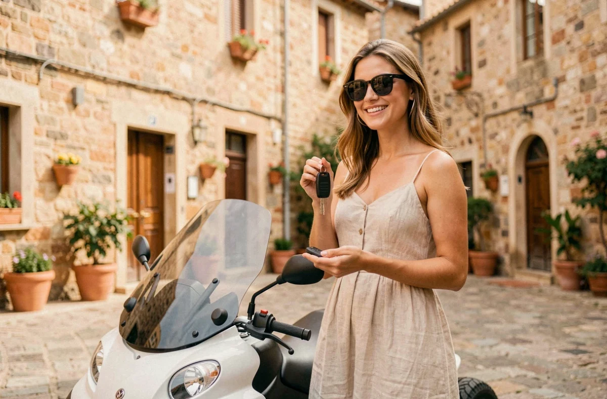 Jeune femme tenant les clés d'une voiture sans permis de location dans un village pittoresque de Corse