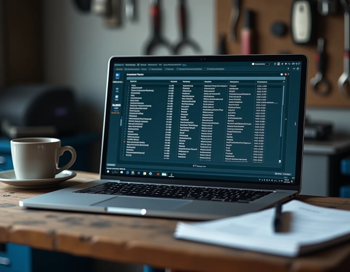 Écran d'ordinateur portable affichant des codes défaut DTC dans un logiciel de diagnostic automobile sur un établi de garage