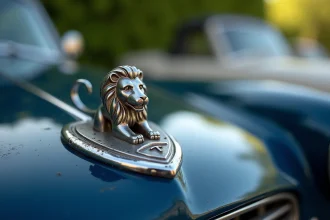 Gros plan sur le logo lion Peugeot vintage en chrome sur carrosserie bleu marine d'une série spéciale classique