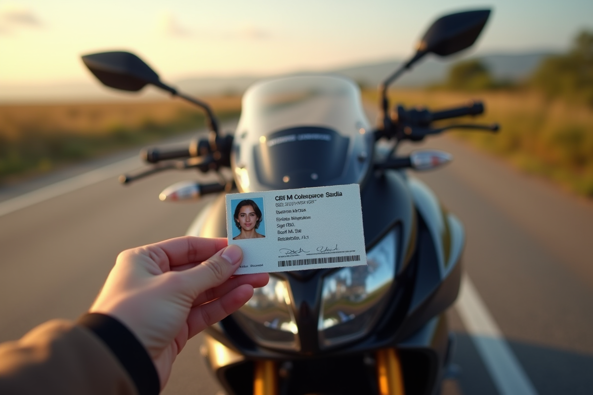 Main tenant un permis moto neuf devant une moto haut de gamme