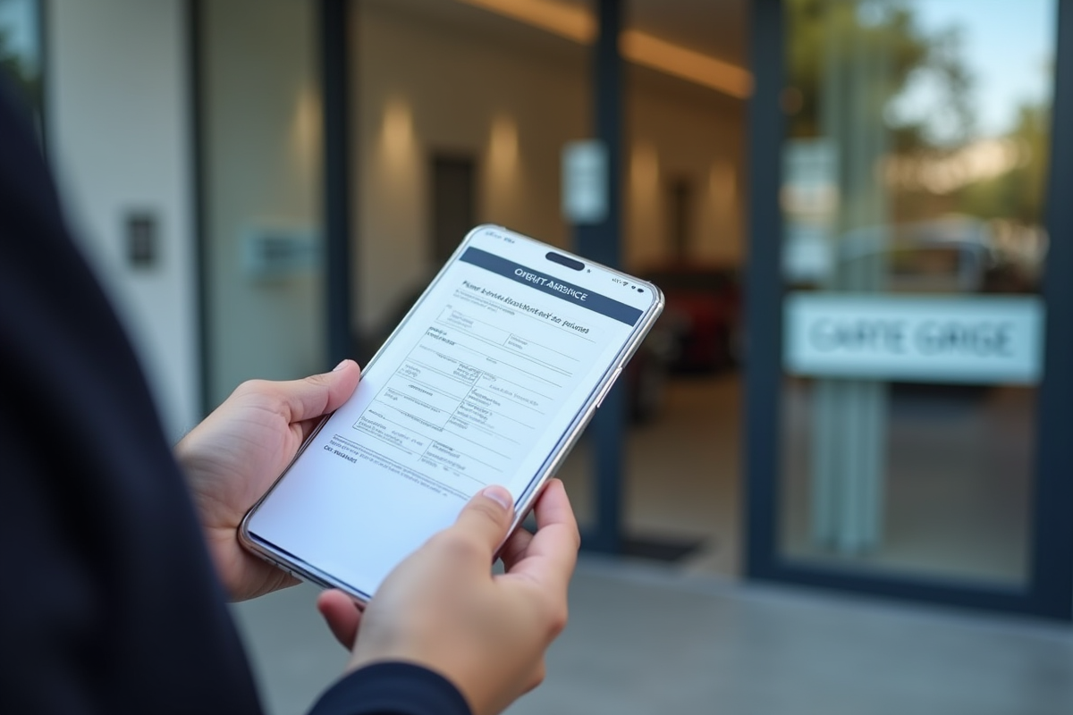 Mains tenant une carte grise voiture devant un bâtiment officiel