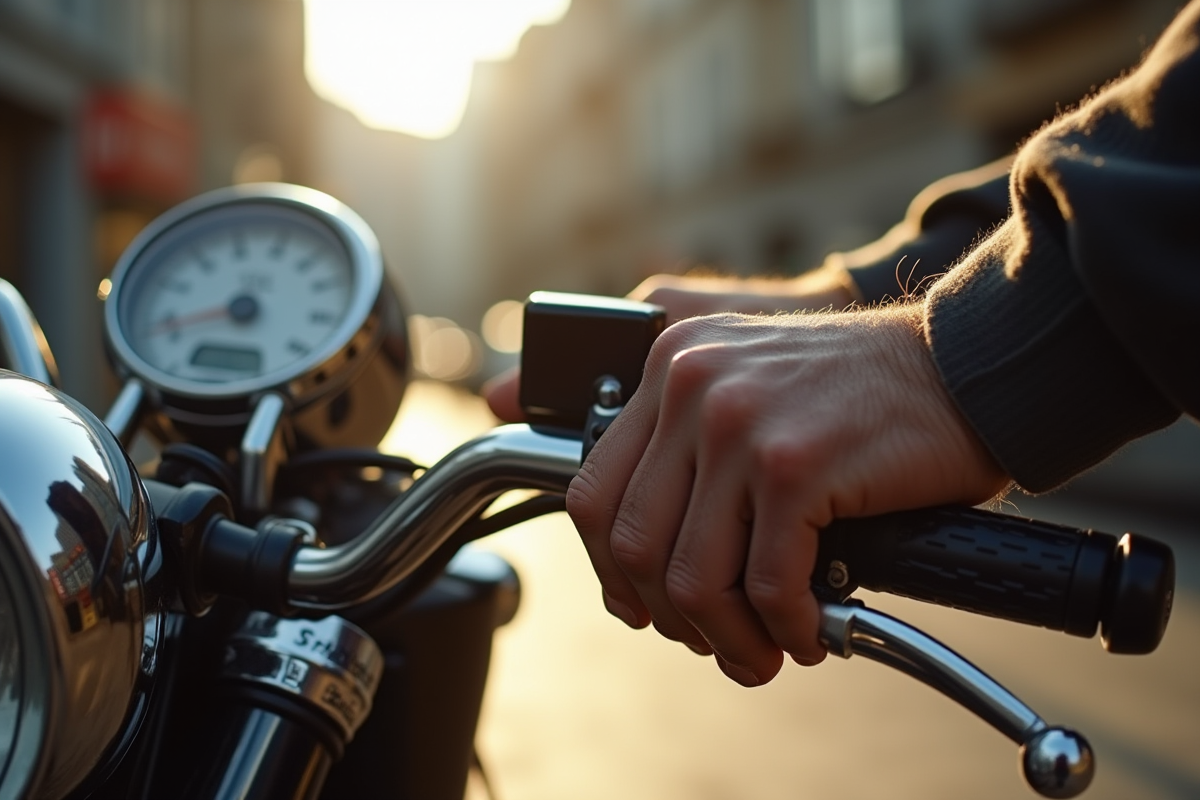Mains usurees sur guidon de moto avec details chrome en ville
