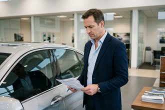 Mandataire automobile présentant des documents contractuels pour une voiture neuve moins chère en showroom