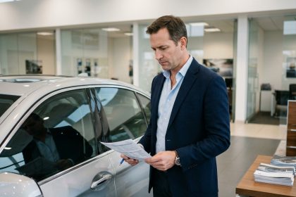 Mandataire automobile présentant des documents contractuels pour une voiture neuve moins chère en showroom