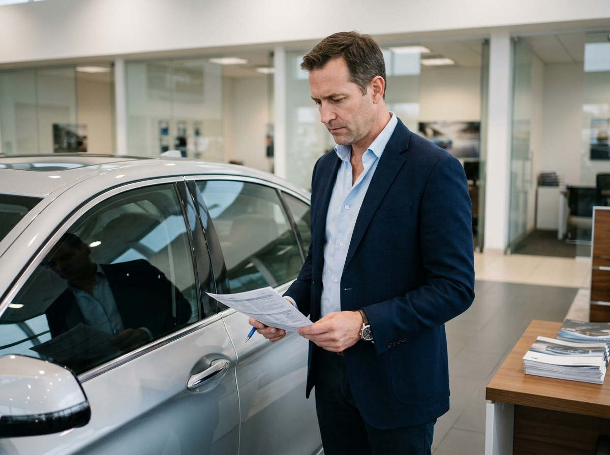 Mandataire automobile présentant des documents contractuels pour une voiture neuve moins chère en showroom