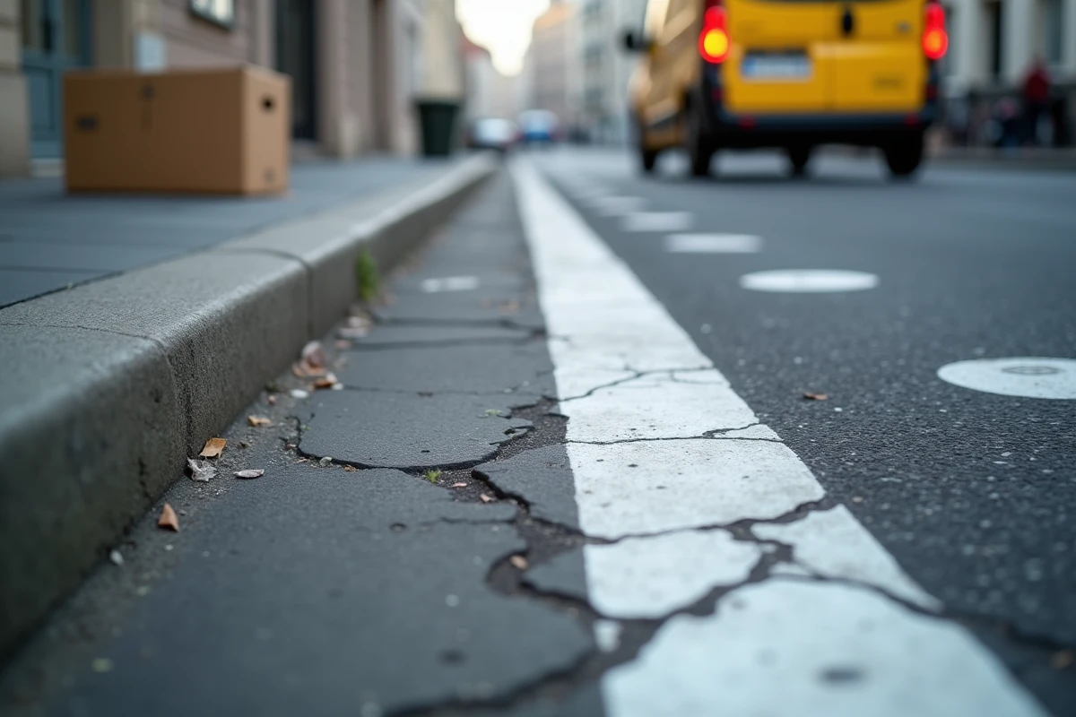 Marquage au sol en pointillés blancs délimitant une zone de livraison avec un camion de livraison en arrière-plan