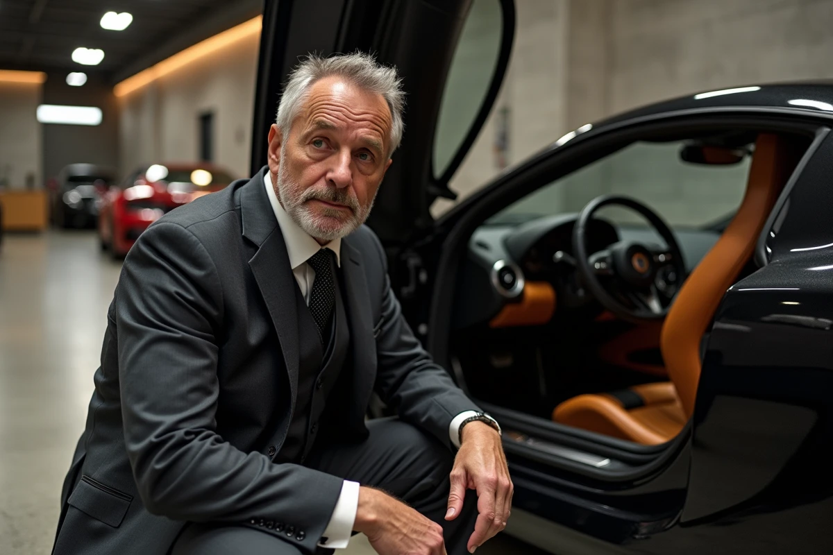 Homme en costume examinant l'intérieur en cuir d'une McLaren F1 dans un garage privé haut de gamme, porte papillon ouverte révélant l'habitacle central iconique
