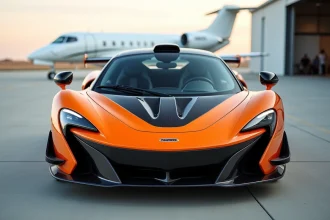 McLaren F1 garée sur un tarmac privé avec un jet en arrière-plan, vue 3/4 avant mettant en valeur la carrosserie en fibre de carbone et les lignes aérodynamiques emblématiques