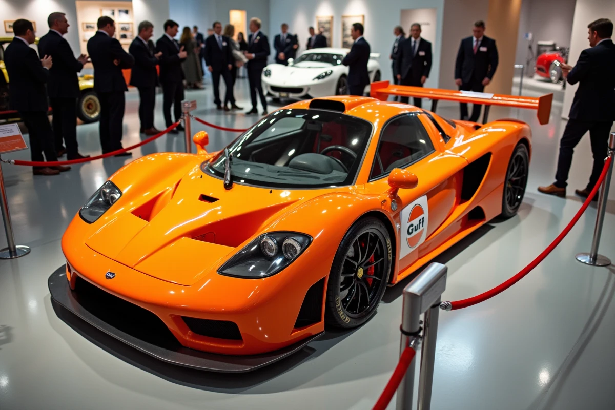 McLaren F1 exposée dans une salle de ventes aux enchères ou musée automobile avec des visiteurs admiratifs, reflet parfait sur le sol en époxy poli