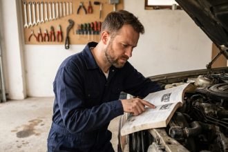 Homme en combinaison de mécanicien consultant un manuel de réparation auto devant un capot ouvert dans un garage domestique