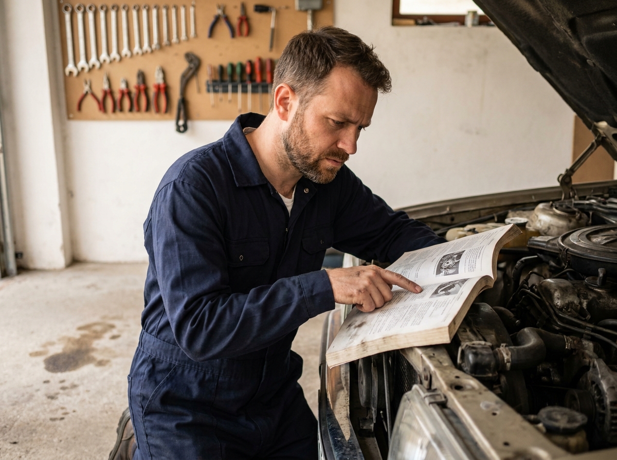 Homme en combinaison de mécanicien consultant un manuel de réparation auto devant un capot ouvert dans un garage domestique