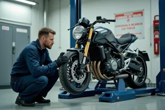 Mécanicien effectuant un contrôle technique sur une moto dans un centre d'inspection agréé