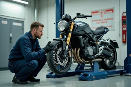 Mécanicien effectuant un contrôle technique sur une moto dans un centre d'inspection agréé