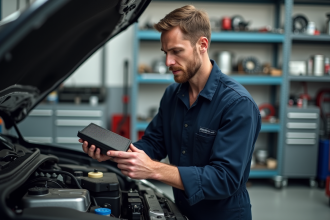 Mécanicien homme tenant un filtre à air dans un atelier auto