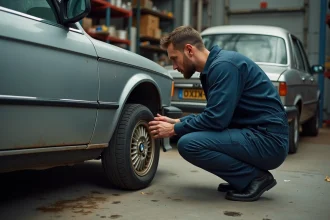 Mécanicien inspectant une BMW E30 des années 1990 dans un garage automobile, guide d'achat occasion