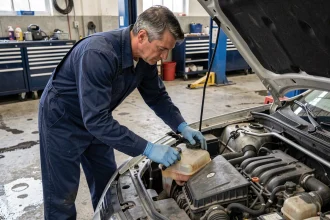 Mécanicien inspectant le bouchon du vase d'expansion sur une Renault Megane 3 dans un garage professionnel