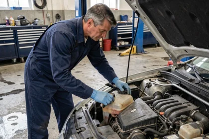 Mécanicien inspectant le bouchon du vase d'expansion sur une Renault Megane 3 dans un garage professionnel