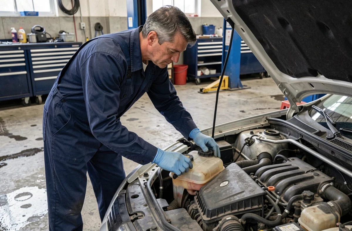 Mécanicien inspectant le bouchon du vase d'expansion sur une Renault Megane 3 dans un garage professionnel