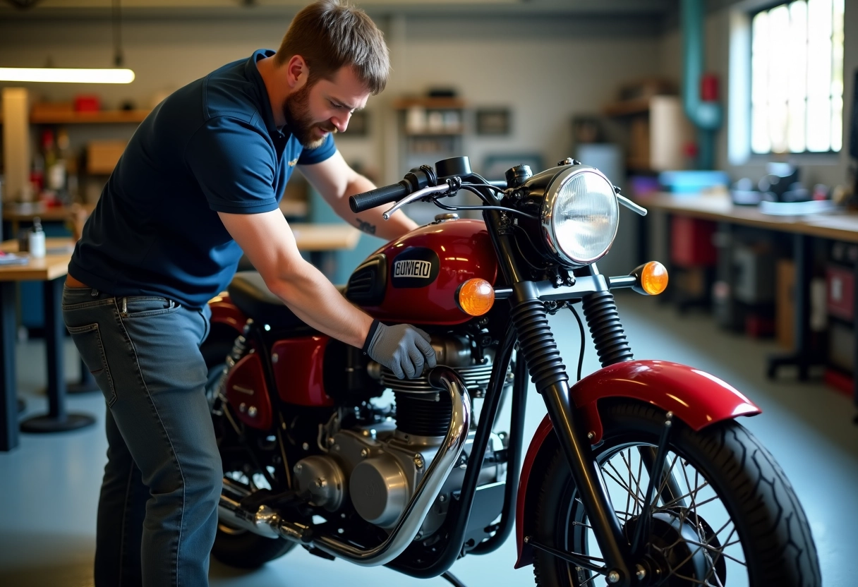 Mécanicien installant un sidecar sur moto vintage dans un garage lumineux