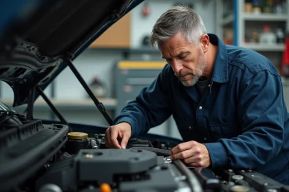 M&eacute;canicien homme inspectant une courroie de moteur en atelier