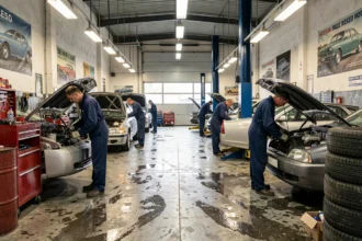 Vue d'ensemble d'un atelier de mécanique automobile dans le Rhône avec plusieurs mécaniciens au travail
