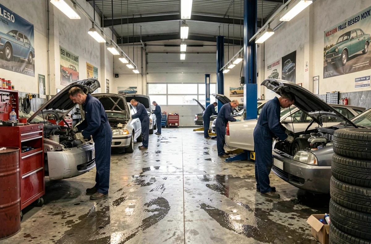 Vue d'ensemble d'un atelier de mécanique automobile dans le Rhône avec plusieurs mécaniciens au travail