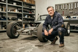 Mécanicien professionnel inspectant le châssis d'un Saxo Kit Car de compétition dans un atelier de préparation mécanique