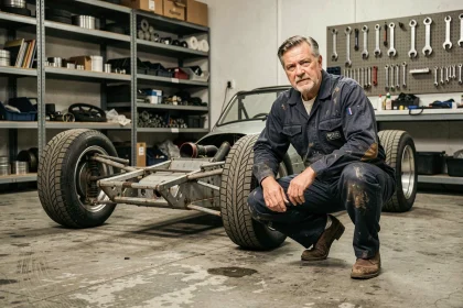 Mécanicien professionnel inspectant le châssis d'un Saxo Kit Car de compétition dans un atelier de préparation mécanique