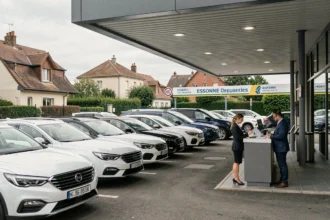 Vue d'ensemble d'une agence de location de voitures en Essonne avec rangée de véhicules et client au comptoir