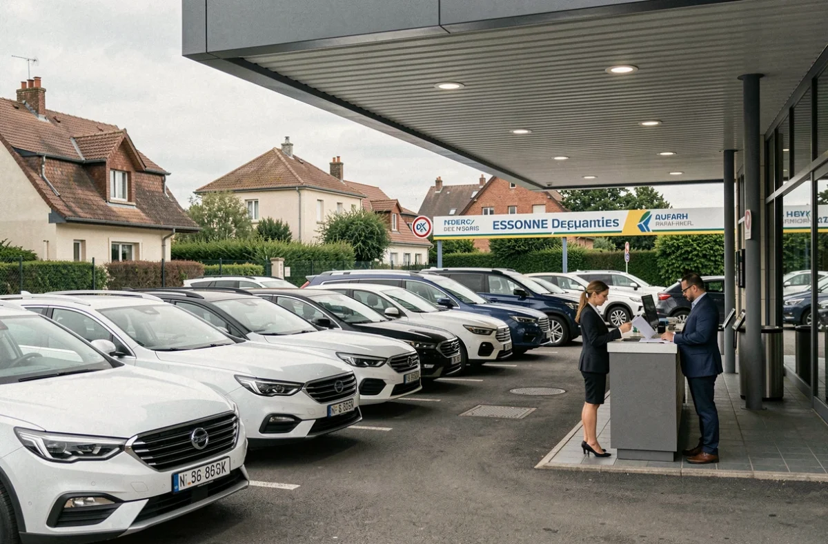 Vue d'ensemble d'une agence de location de voitures en Essonne avec rangée de véhicules et client au comptoir