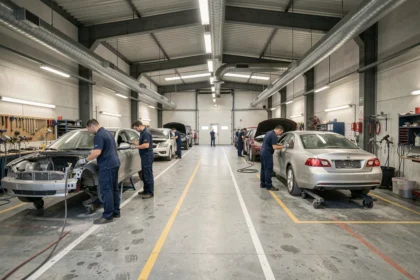 Vue d'ensemble d'un atelier de carrosserie automobile dans le Haut-Rhin avec plusieurs véhicules en cours de réparation